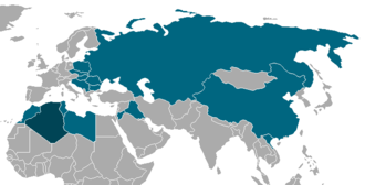 Zweifarbige Karte von Asien, Afrika und Europa.