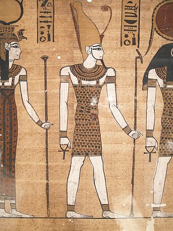 Atum depicted between Ra-Horakhty and Hathor from the Harris Papyrus, 20th Dynasty (c. 1184–1153 BC)