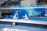 Deutsch: Fechten bei den Olympischen Jugend-Sommerspielen 2018: Tag 1, 7. Oktober 2018, Jungen, Säbel, Kampf um Bronze - Mazen Elaraby (EGY) - Robert Vidovszky (USA) 15:10 English: Fencing at the 2018 Summer Youth Olympics at 7 October 2018 – Boys' sabre Bronze medal match – Mazen Elaraby (EGY) Vs Robert Vidovszky (USA) 15:10