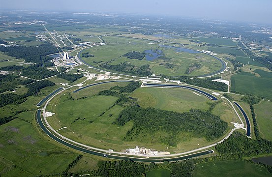 Fermilab's accelerator rings. The main injector is in the foreground, and the antiproton ring and Tevatron (inactive since 2011) are in the background.