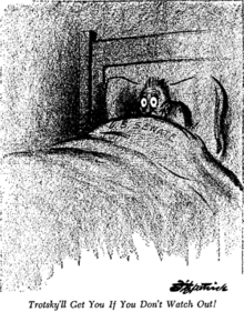 A scared man, labeled "SENATE", cowering under his covers in bed