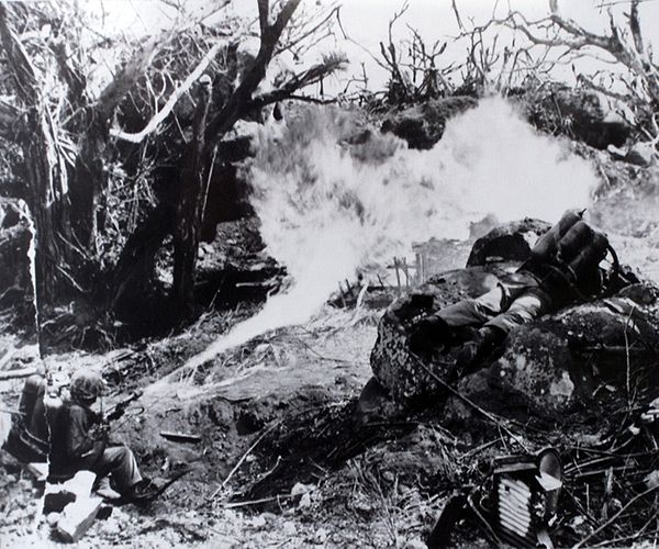 The CWS provided support for flame weapons, such as this flame thrower being employed during the Battle of Tarawa, during WWII.