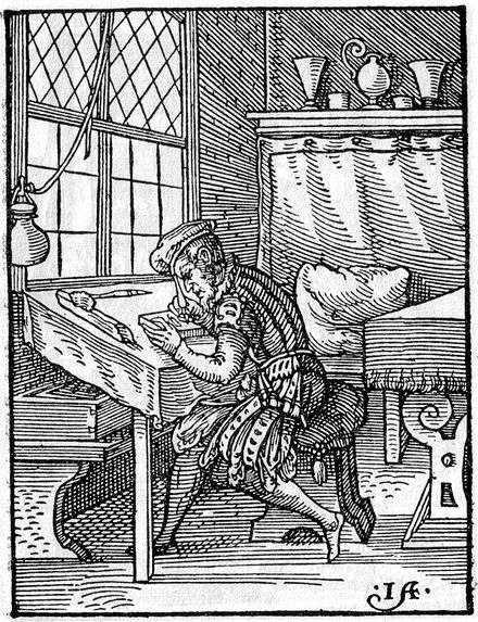 Formschneider, that is, block-cutter for woodcuts, 1568. From Das Ständebuch, a famous series of woodcuts of the trades by Amman (who would not usually have done his own cutting)