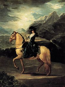 peinture : portrait équestre d'une femme habillé de noir, devant un paysage de hautes montagnes.