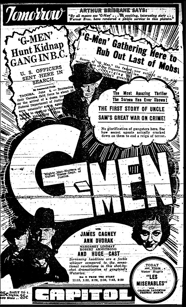 Newspaper ad for G Men making a connection between the film and real-life G Men in the FBI, who were tracking kidnappers in the Pacific Northwest