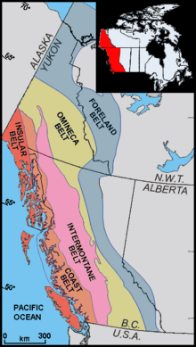 Geologic belts of far-western Canada and Southeast Alaska, including the Insular Belt (red) Geology belts of western Canada.png