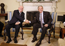 US President George W. Bush and Slovak President Ivan Gasparovic meet at the White House in October 2008. George W. Bush and Ivan Gasparovic 2008.jpg