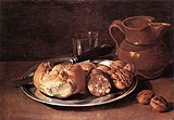 Giacomo Ceruti: Stilleben mit Brot, Nüssen und Wein, 1750er Jahre, Privatsammlung