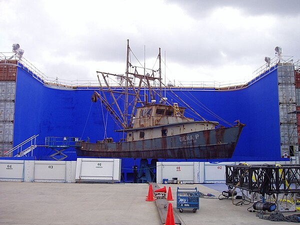 A ship located on a hydraulic gimbal used for filming