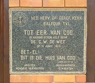 Hoeksteen van die Nederduits Hervormde of Gereformeerde Kerk in Balfour, Mpumalanga, wat Hendrik Vermooten aandui as argitek.
