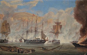 H.M.S. Talbot, Captain Hon. F. Spencer in Action on Naverino, 20 October 1827 36624.jpg