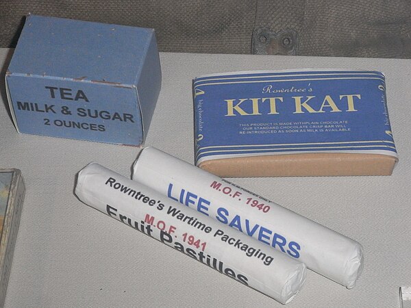 Exhibit of British foods in the 1940s during World War II. Pictured in replica wartime packaging, Rowntree's Kit Kat returned to red packaging after t