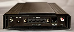 Essential interoperability provided via DB-25, RJ-11 and power plugs. Later modems dropped the manual volume control and introduced a second RJ-11 for pass through of the telephone line. Hayes Smartmodem 1982 (5).jpg