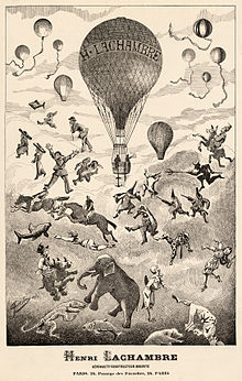 An advert for the business of 19th-century balloon-maker Henri Lachambre, depicts a balloon rising out of a mass of animals and other balloons.