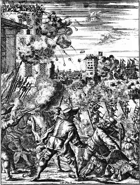 An illustration of Henry Morgan's attack on the Castillo de San Jerónimo, Porto Bello in 1669