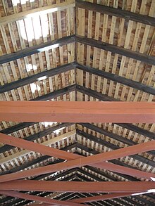 Roofing battens or laths are the light colored strips on the Hillsgrove Covered Bridge, Pennsylvania, U.S.A. Hillsgrove Covered Bridge rafters.jpg