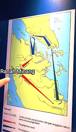 Peta Penghijrahan Awal pada sekitar abad ke-7 masehi. Negeri-negeri ini terletak di kedua tepi Selat Malaka, yaitu di Swarnadwipa dan Semenanjung Melayu.