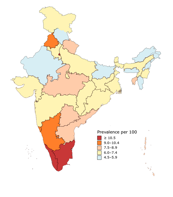 Prevalence of diabetes in Indian states in 2016[1]