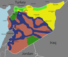 Iranian and Hezbollah's (marked in blue) military presence and influence in Syria as of December 2020. Iranian and Hizbullah influence in Syria (2020).png