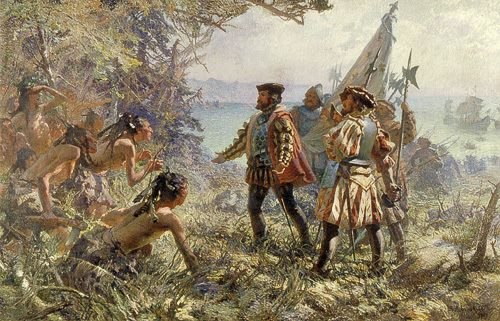 Depiction of Jacques Cartier meeting with Iroquoians at Stadacona. Another member of Cartier's party is holding the royal banner of France.