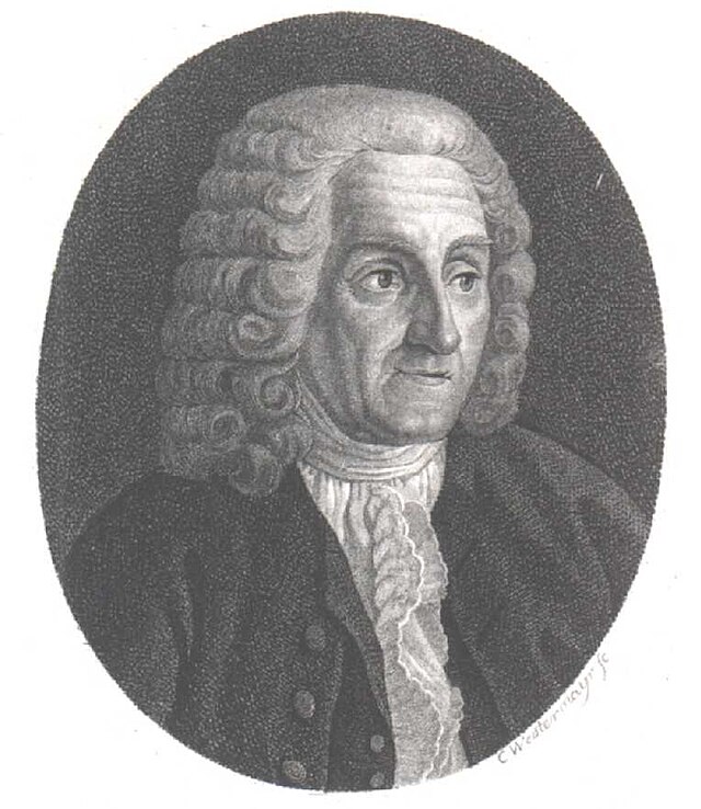  Black and white drawing of Joseph Nicolas Delisle from 1803. He is facing slightly to the left, his hair appears to be grey curls or a wig. He is wearing a ruffled shirt.