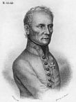 Black and white print of a man with sparse hair. He wears a single-breasted gray or white military uniform dating from the early 1800s.