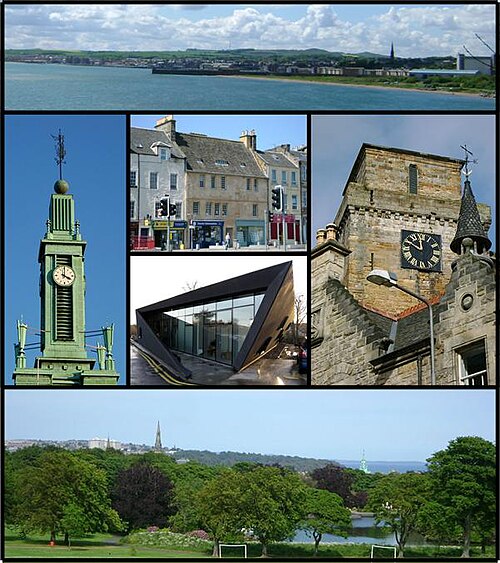 Waterfront and bay (top), Townhouse clock (middle left), Old Kirk (top right), Merchants House/ High Street (top centre) Maggie's Fife (bottom centre)