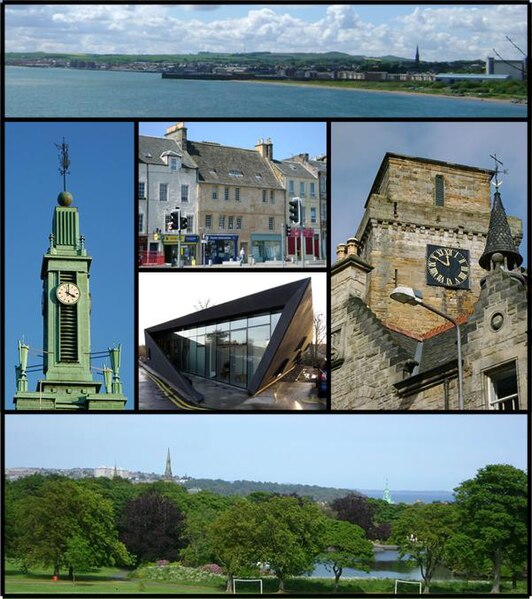 Waterfront and bay (top), Townhouse clock (middle left), Old Kirk (top right), Merchants House/ High Street (top centre) Maggie's Fife (bottom centre)