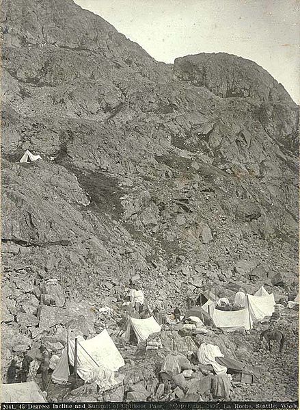 File:Klondikers with tents camped at the approach to Chilkoot Pass, Alaska, 1897 (LAROCHE 65).jpeg