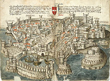 Rhodes city, around 1490. Konrad von Grunenberg - Beschreibung der Reise von Konstanz nach Jerusalem - Blatt 20v-21r.jpg