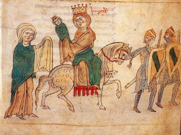 Constance handing her son over to the care of the duchess of Spoleto, the wife of Conrad of Urslingen, from the Liber ad honorem Augusti by Peter of E