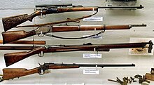 A collection of rifles from the Fram Museum, a Jarmann M1884 second from the bottom. Krag-Jorgensen, Krag-Petersson, Jarman M1884 and Remington M1867.jpg