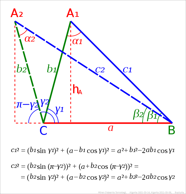 Cosine theorem in plane trigonometry, proof based on Pythagorean theorem.