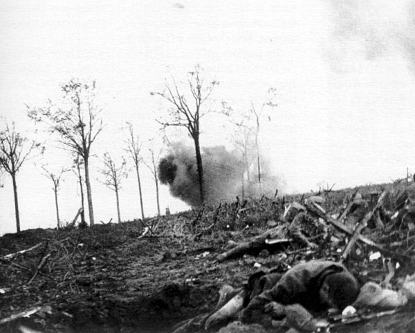 The Liverpool Scottish, 16 June 1915. A shell explodes in Railway Wood, to the left of the German front line.