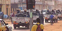 Burundian police on patrol in the Central African Republic in 2014 as part of the African Union-led MISCA force MISCA Soldiers in Bangui.jpg