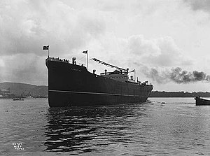 MS Fernglen after being launched at Akers Mekaniske Verksted (1929).jpg