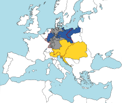 کنفدراسیون آلمان در سال ۱۸۲۰. دو قدرت مهم یکی امپراتوری اتریش (زرد) و دیگری پروس (آبی) در کرانه‌های این کنفدراسیون جای دارند.