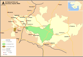 Karte des Gir-Nationalparks im Inneren des Gir-Schutzgebietes (Gir Sanctuary)