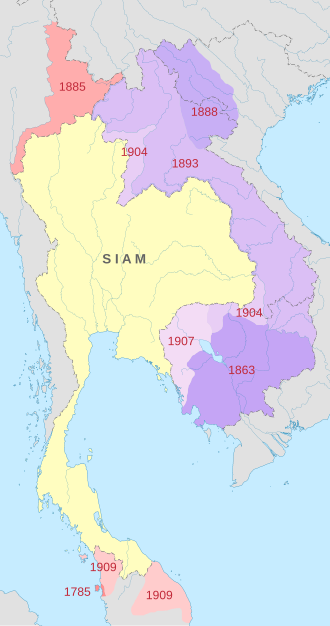 Siam's shrinking borders throughout history. The areas lost to France in 1904 are those annexed in 1941. Map of Siam (territorial cessions).svg