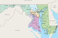 Maryland's congressional districts since 2023 Maryland Congressional Districts, 118th Congress signed by the Governor.svg