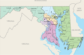 Maryland's congressional districts since 2023 Maryland Congressional Districts, 118th Congress signed by the Governor.svg