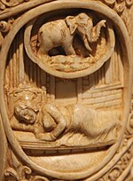 Thumbnail for File:Maya Devi dreaming white elephant in her dream Roundel 4 buddha ivory tusk.jpg