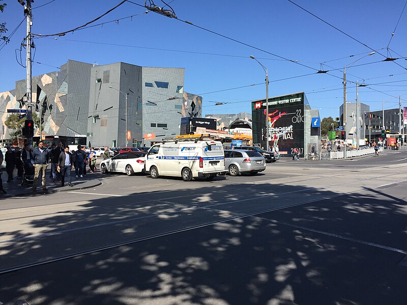 File:Melbourne Federation Square from Swanston Street intersection 2017-10-10.jpg