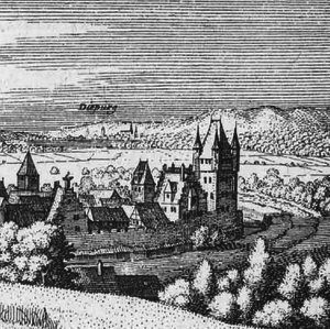 El castillo en un dibujo de 1655 [1] de la Topographia Hassiae de Matthäus Merian publicado en la Topographia Germaniae.  Vista desde el sureste de Herrnberg hacia el norte sobre la parte este de la ciudad [2]