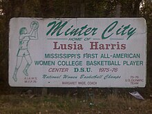 Sign along Highway 49 East recognizing Minter City as the hometown of Lusia Harris MinterCityLusiaHarrisSign.jpg