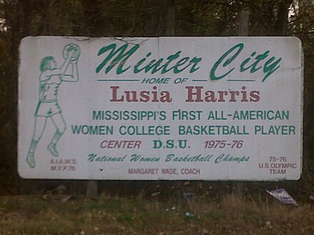 Sign along Highway 49 East recognizing Minter City as the hometown of Lusia Harris