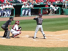 C.T. Bradford bats for the Bulldogs against Arkansas Mississippi State at Arkansas baseball 2013, 013.jpg