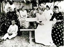 The Monet and Hoschedé families c. 1880 from left to right: Claude Monet, Alice Hoschedé, Jean-Pierre Hoschedé, Jacques Hoschedé, Blanche Hoschedé Monet, Jean Monet, Michel Monet, Martha Hoschedé, Germaine Hoschedé, Suzanne Hoschedé