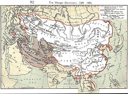 The Mongol Empire at its greatest extent. The gray area is the later Timurid Empire.