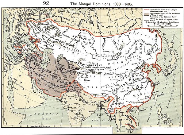 Mongol Empire's largest extent outlined in red; the Timurid Empire is shaded.